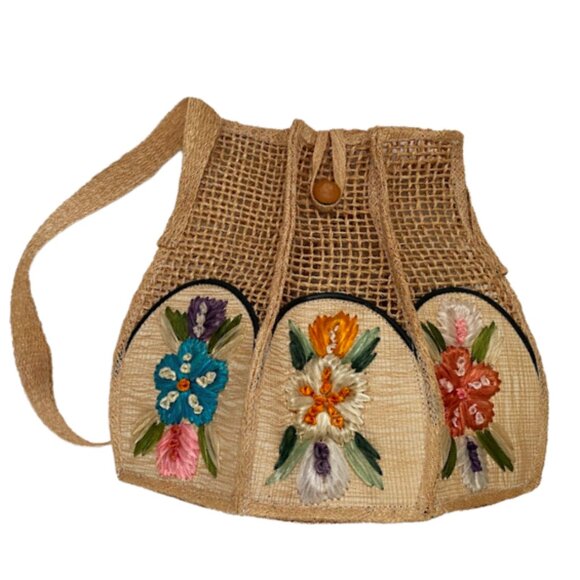 Handbags - Vintage 50s Artisan Wicker Woven Straw Raphia Shoulder Bag Embroidered Flowers
